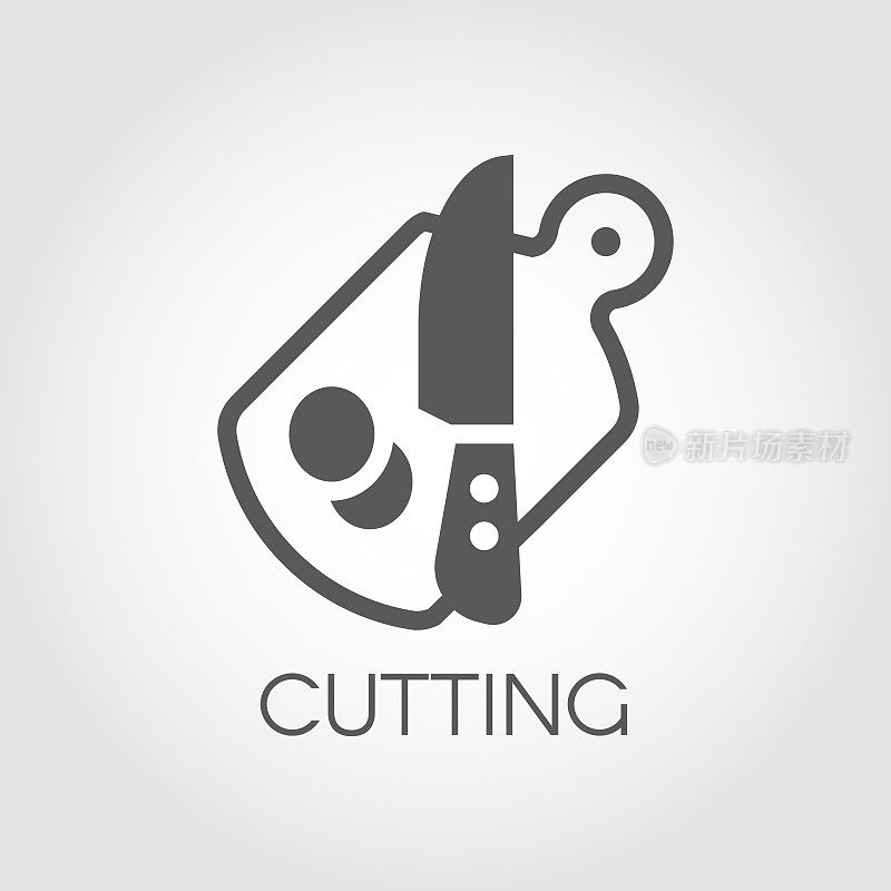 Cutting board, knife and slices of vegetable or other ingredient for cooking. Chef and kitchen symbol in flat design